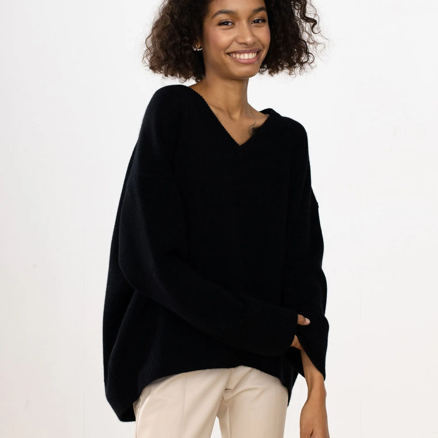 Comfy Oversized Monochrome V Neck Drop Shoulder Long Sleeve Pullover Knit Sweater