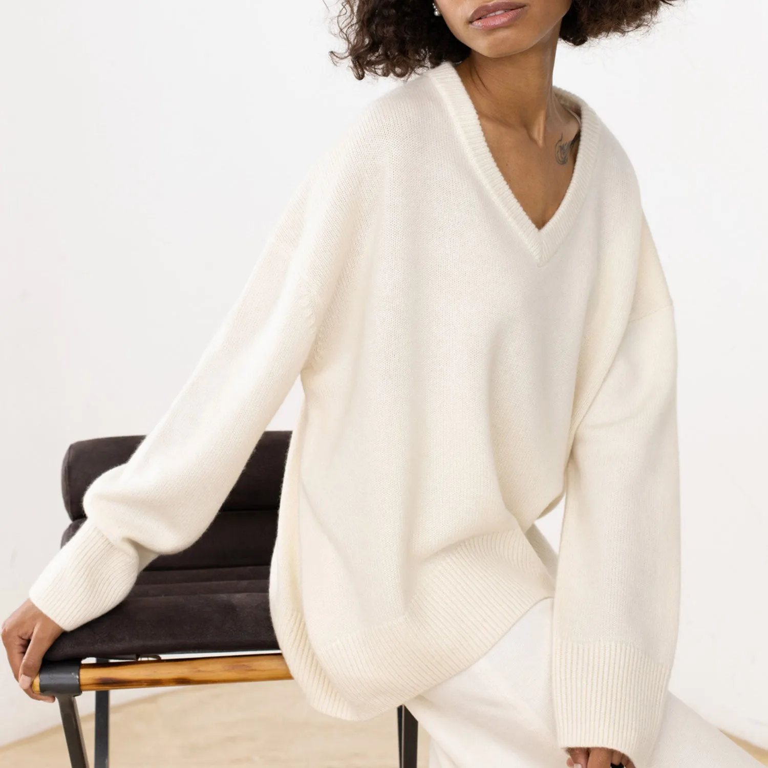 Comfy Oversized Monochrome V Neck Drop Shoulder Long Sleeve Pullover Knit Sweater