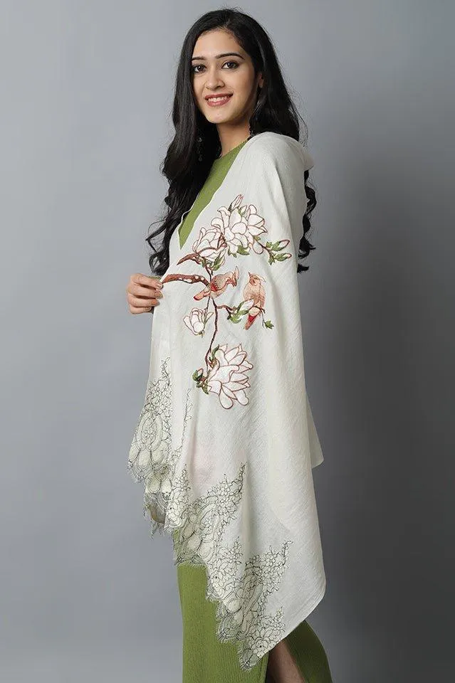 Cream Bird Pashmina-Cashmere Stole