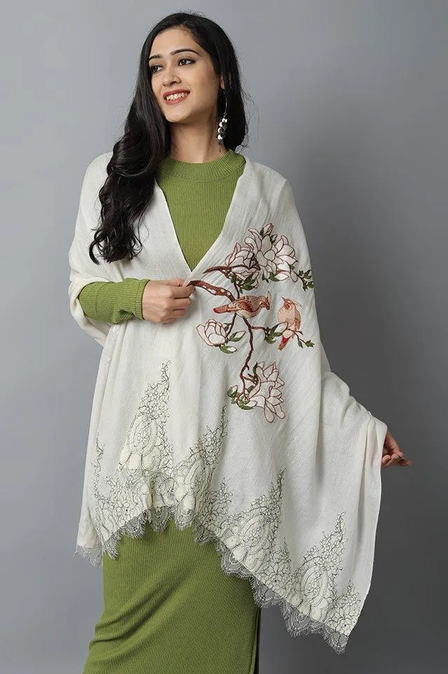 Cream Bird Pashmina-Cashmere Stole