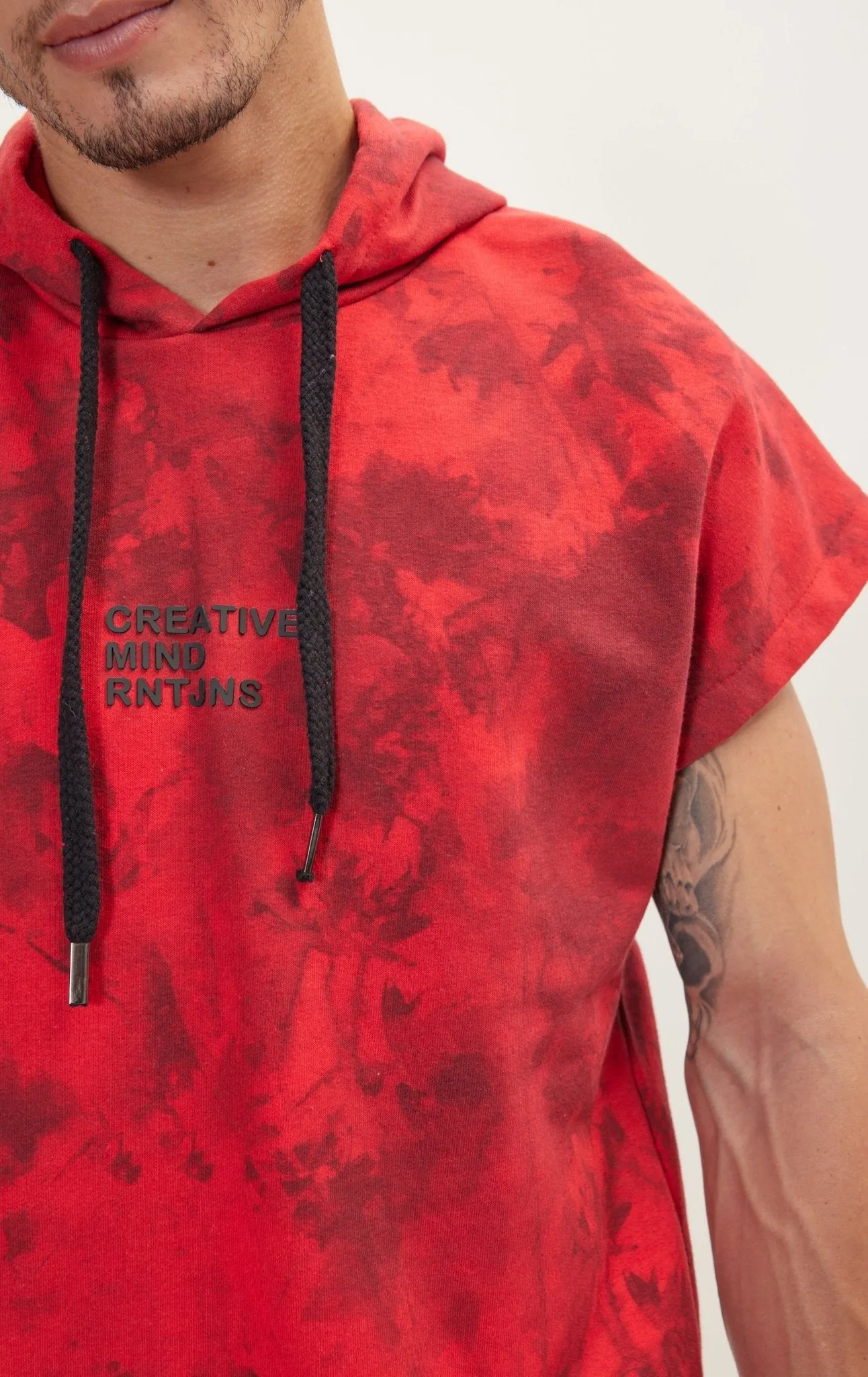 Cut Off Tie-Dye Hoodie - Red