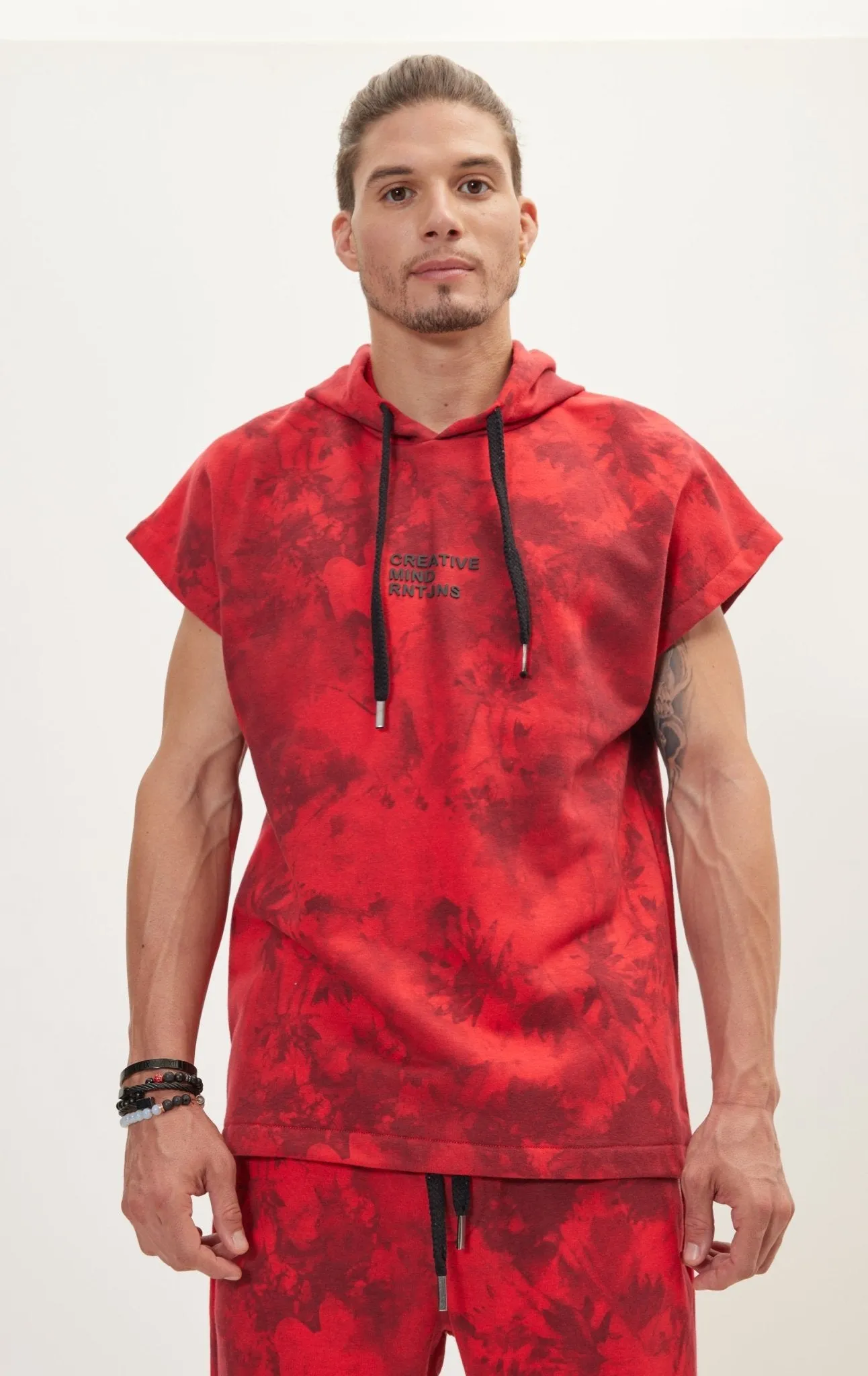 Cut Off Tie-Dye Hoodie - Red