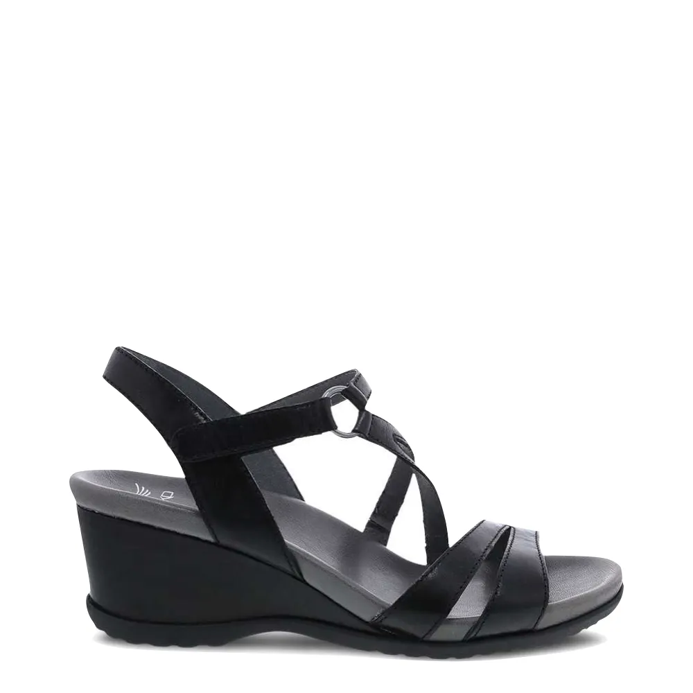 Dansko Women's Addyson Wedge Sandal in Black Glazed Leather