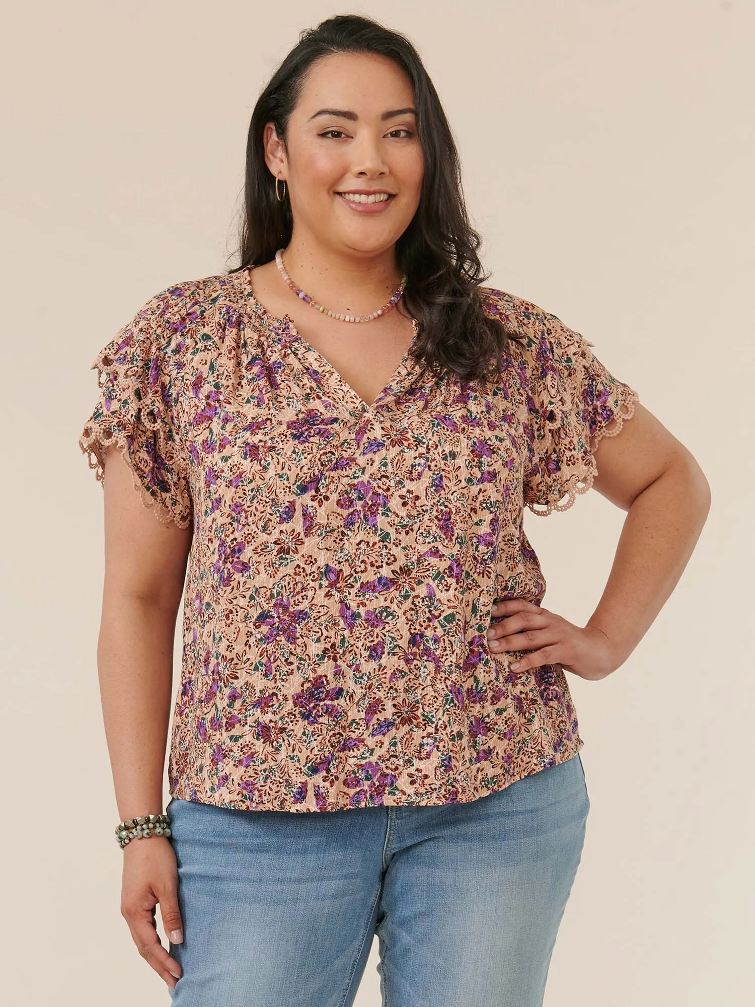 Double Flounce Sleeve V-Neck Paisley Printed Plus Size Woven Top