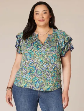 Double Flounce Sleeve V-Neck Paisley Printed Plus Size Woven Top