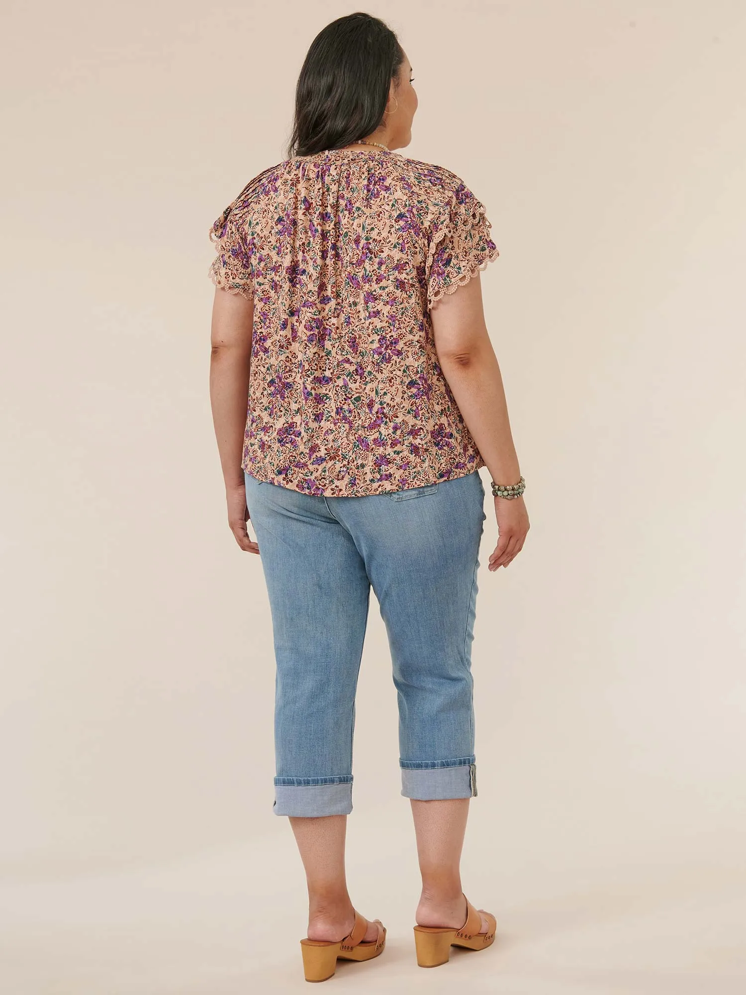 Double Flounce Sleeve V-Neck Paisley Printed Plus Size Woven Top