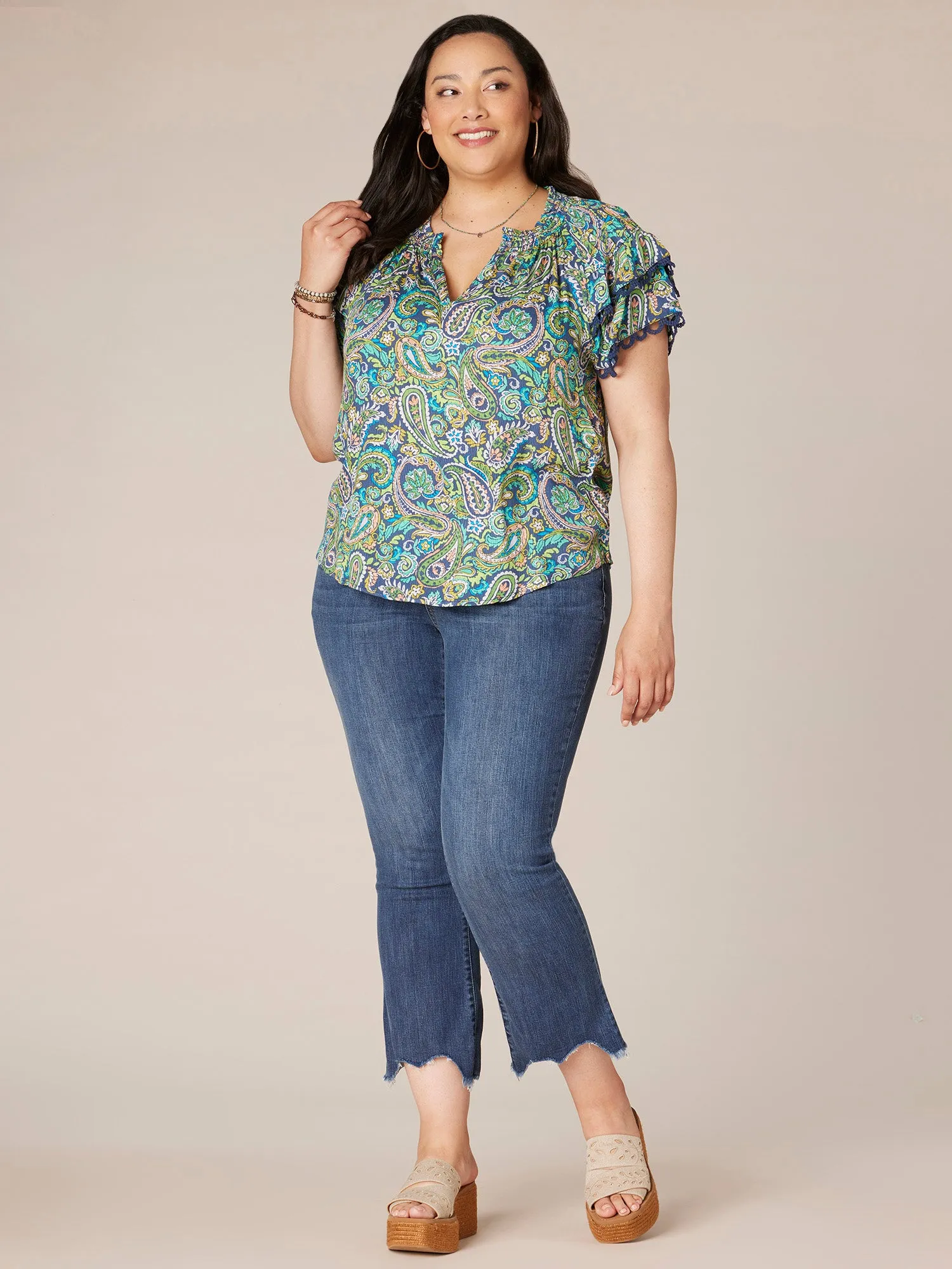 Double Flounce Sleeve V-Neck Paisley Printed Plus Size Woven Top