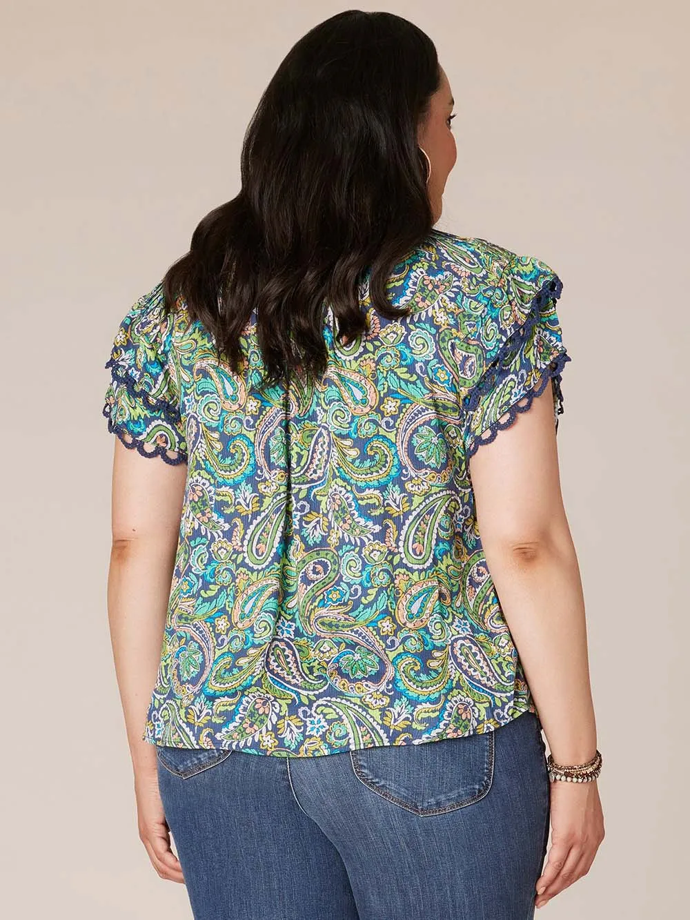 Double Flounce Sleeve V-Neck Paisley Printed Plus Size Woven Top