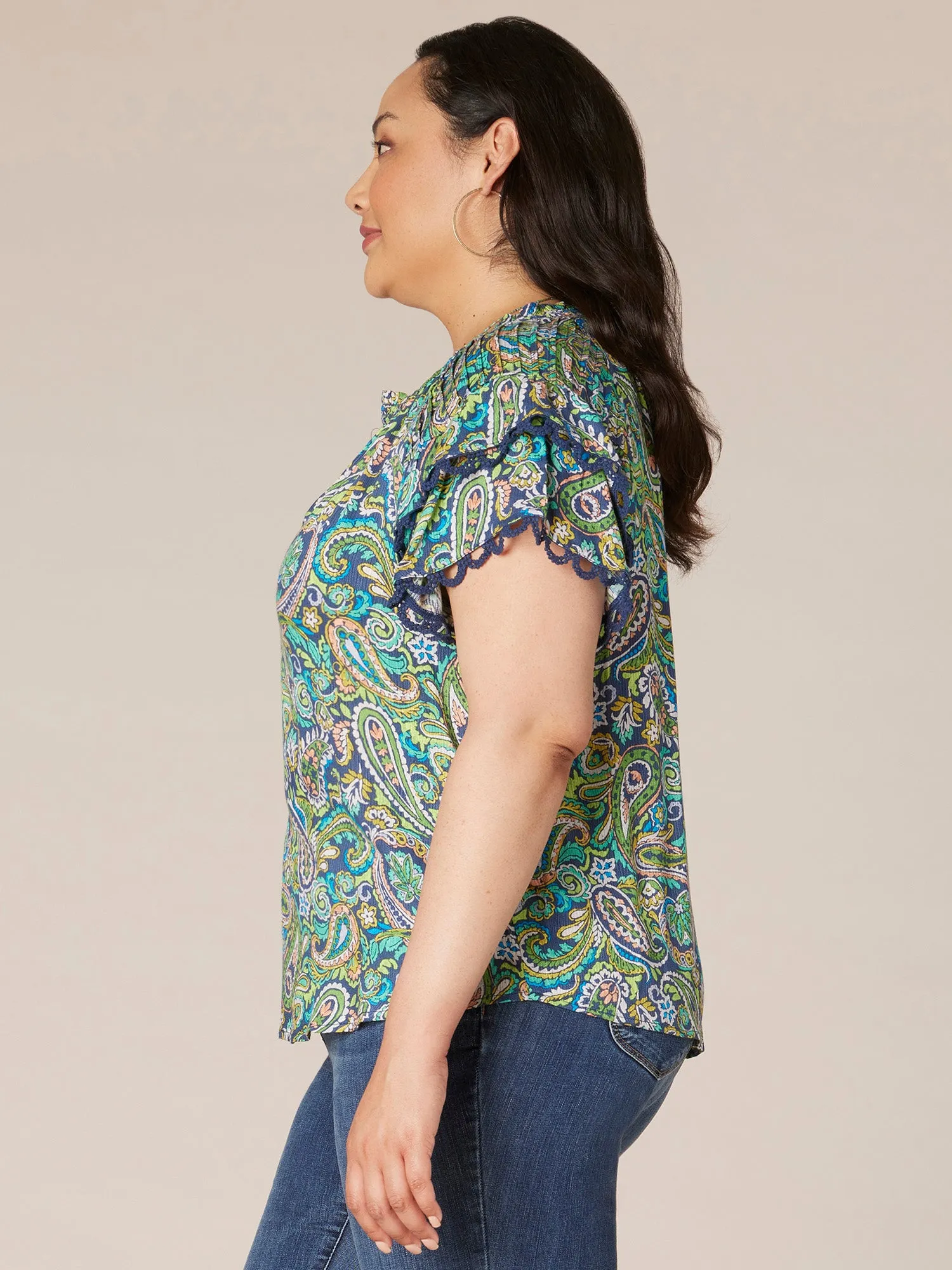 Double Flounce Sleeve V-Neck Paisley Printed Plus Size Woven Top