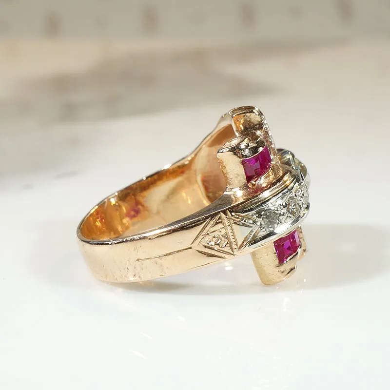 Dramatic Diamond & Ruby Retro Ring in Gold & Platinum