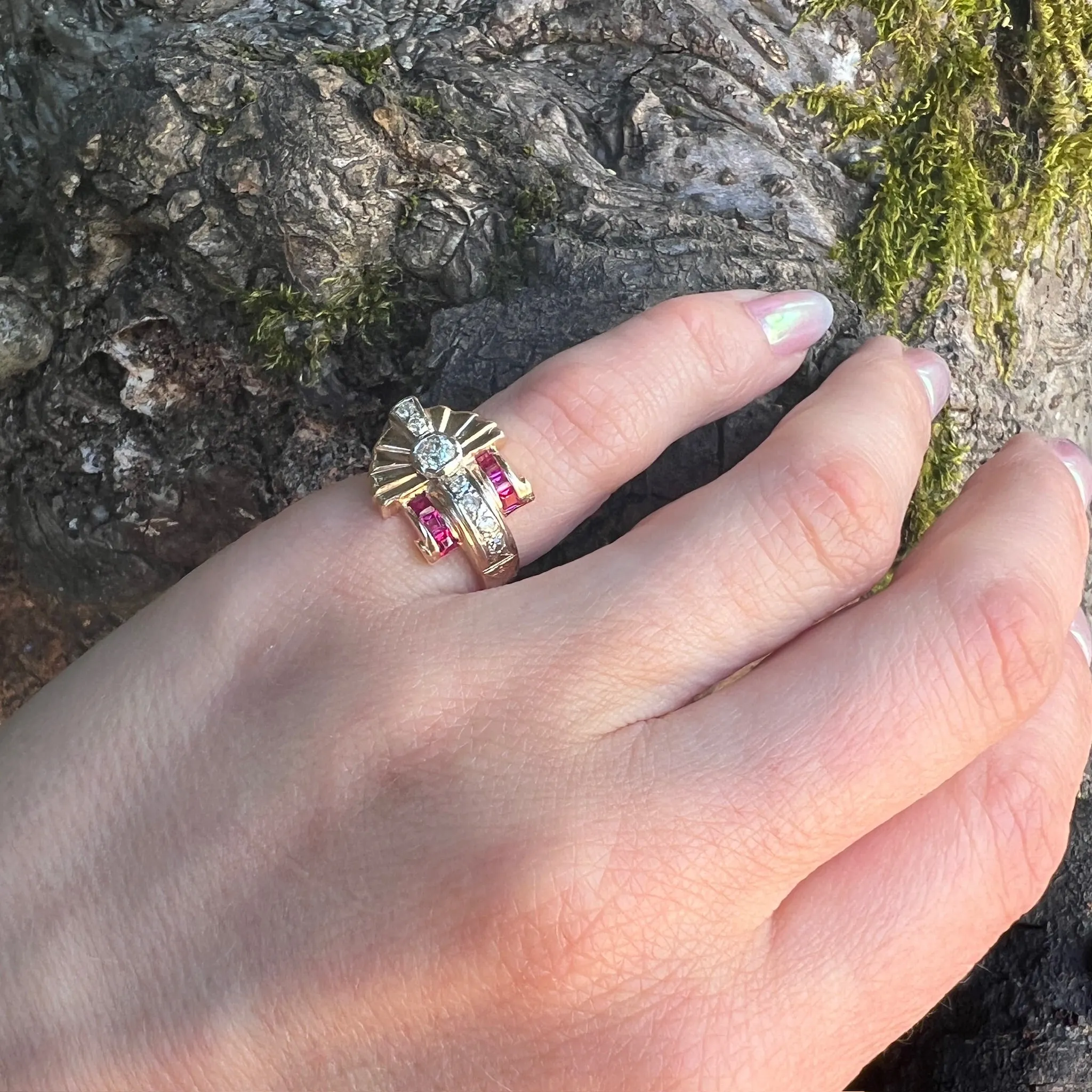 Dramatic Diamond & Ruby Retro Ring in Gold & Platinum