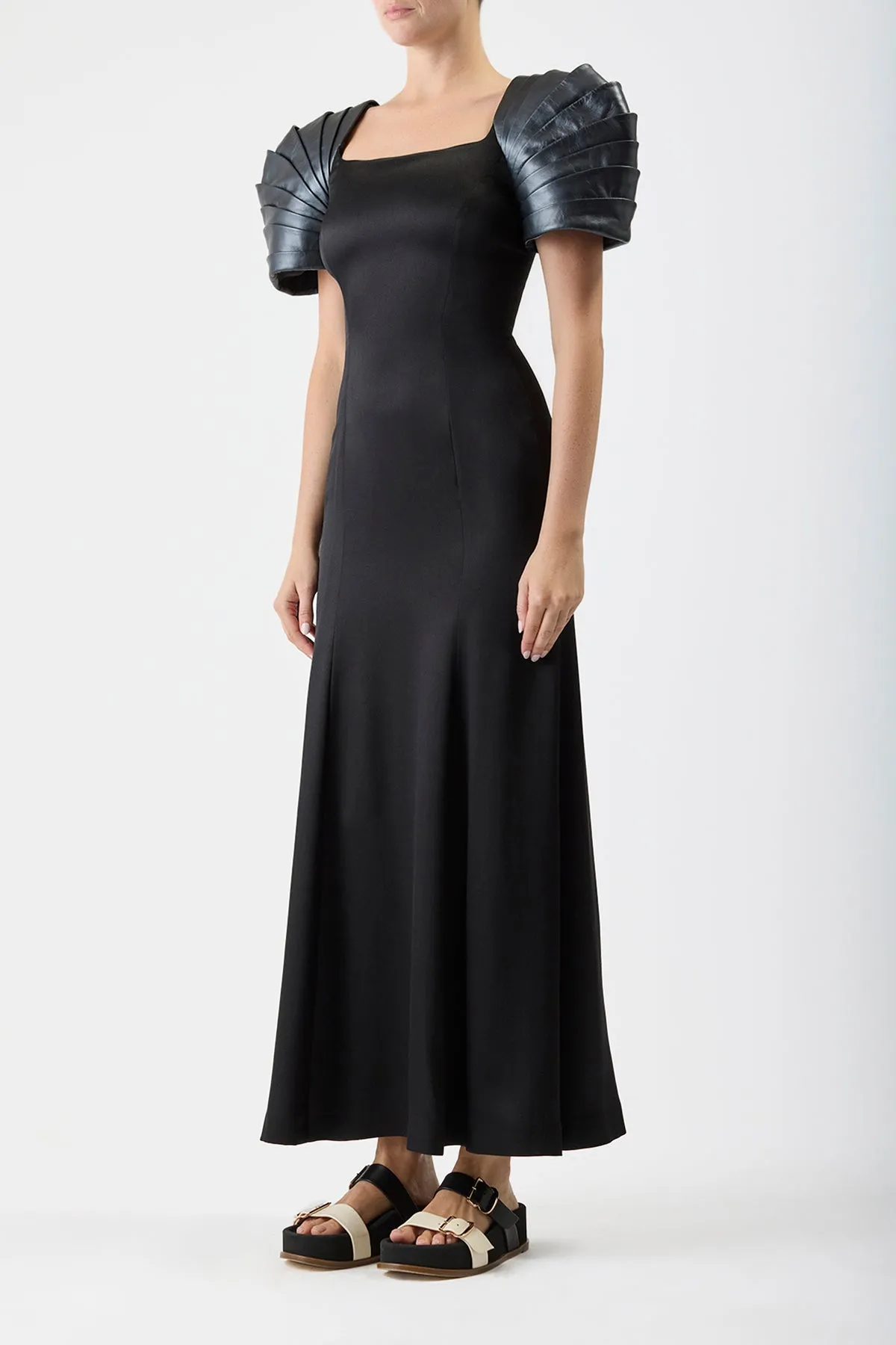 Duchess Dress in Black Silk Satin with Metallic Nappa Leather Shoulders