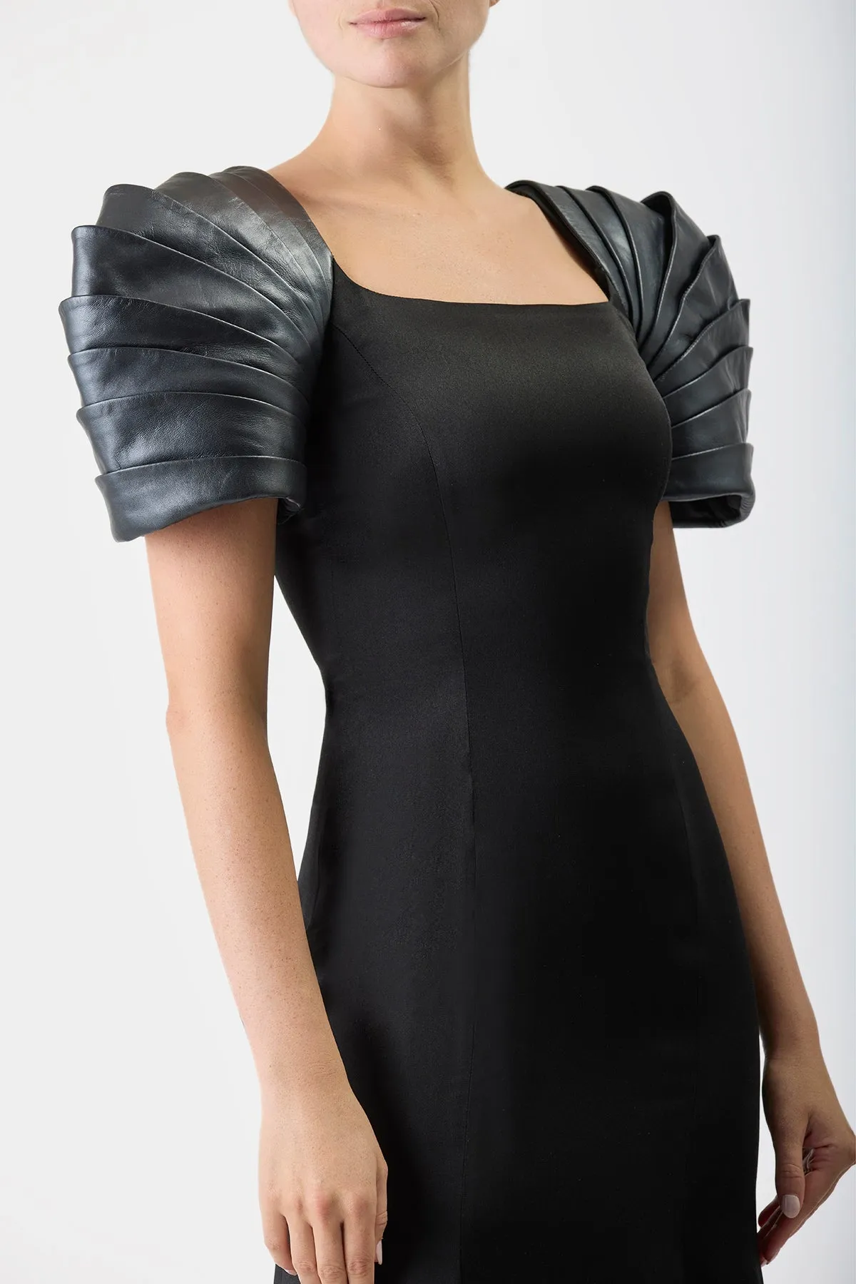 Duchess Dress in Black Silk Satin with Metallic Nappa Leather Shoulders