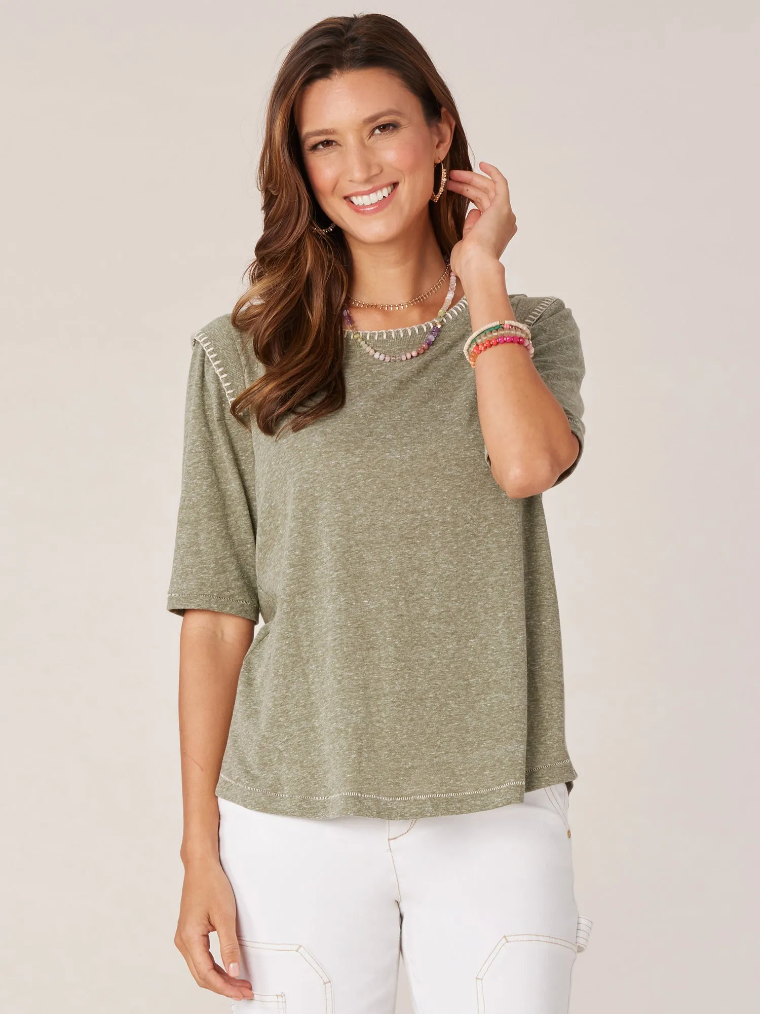 Elbow Sleeve Flange Shoulder Scoop Neck Contrast Embroidery Knit Top