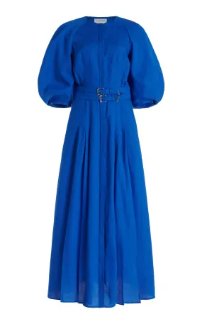 Elea Pleated Dress in Sapphire Aloe Linen