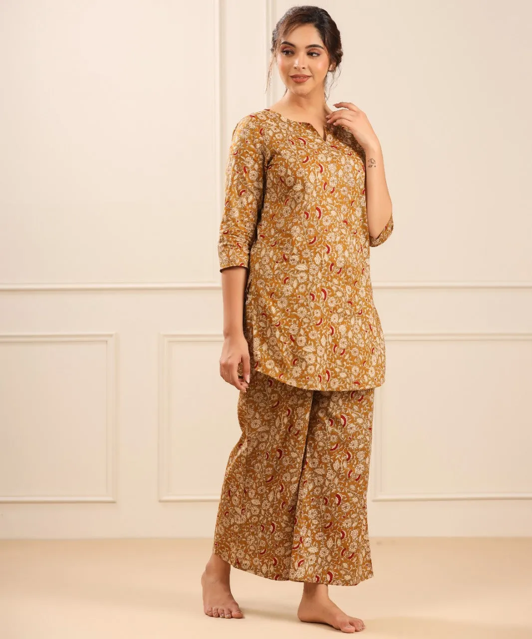 Floral Canopy on Mustard Cotton Loungewear Set