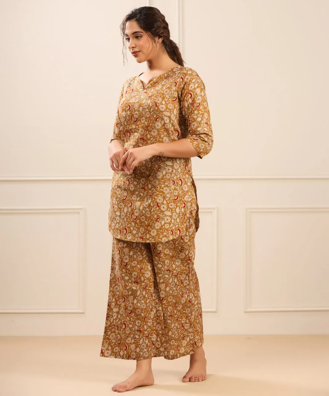 Floral Canopy on Mustard Cotton Loungewear Set