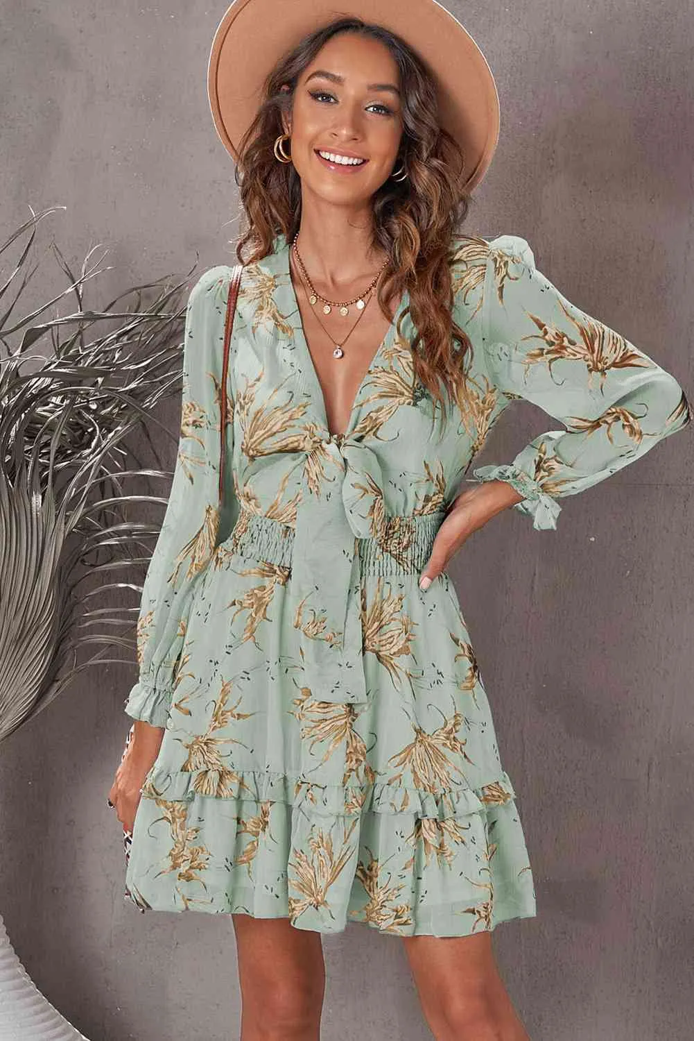 Floral Deep V Flounce Sleeve Mini Dress