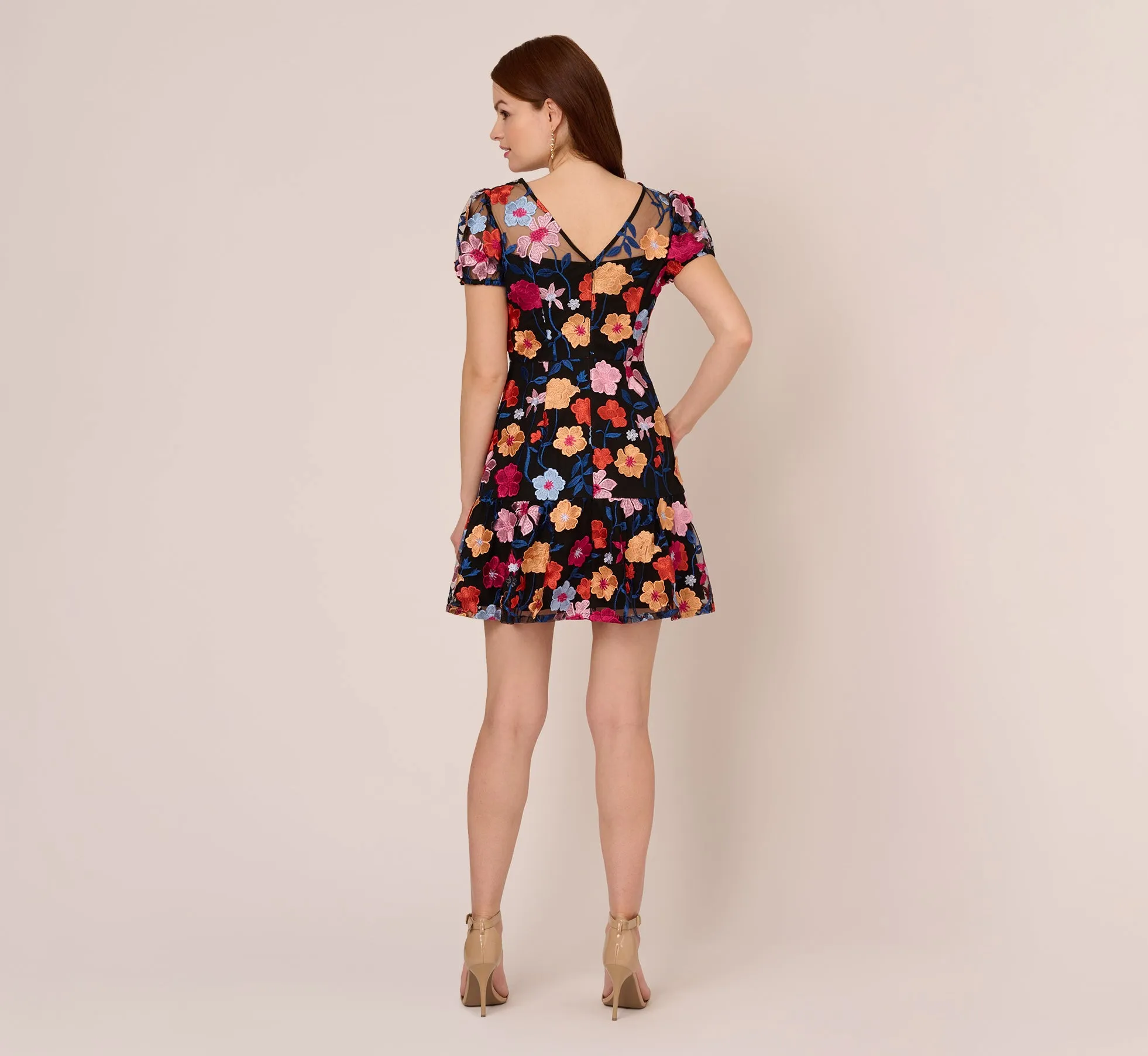 Floral Embroidered Flounce Dress With Sheer Short Sleeves In Black Multi