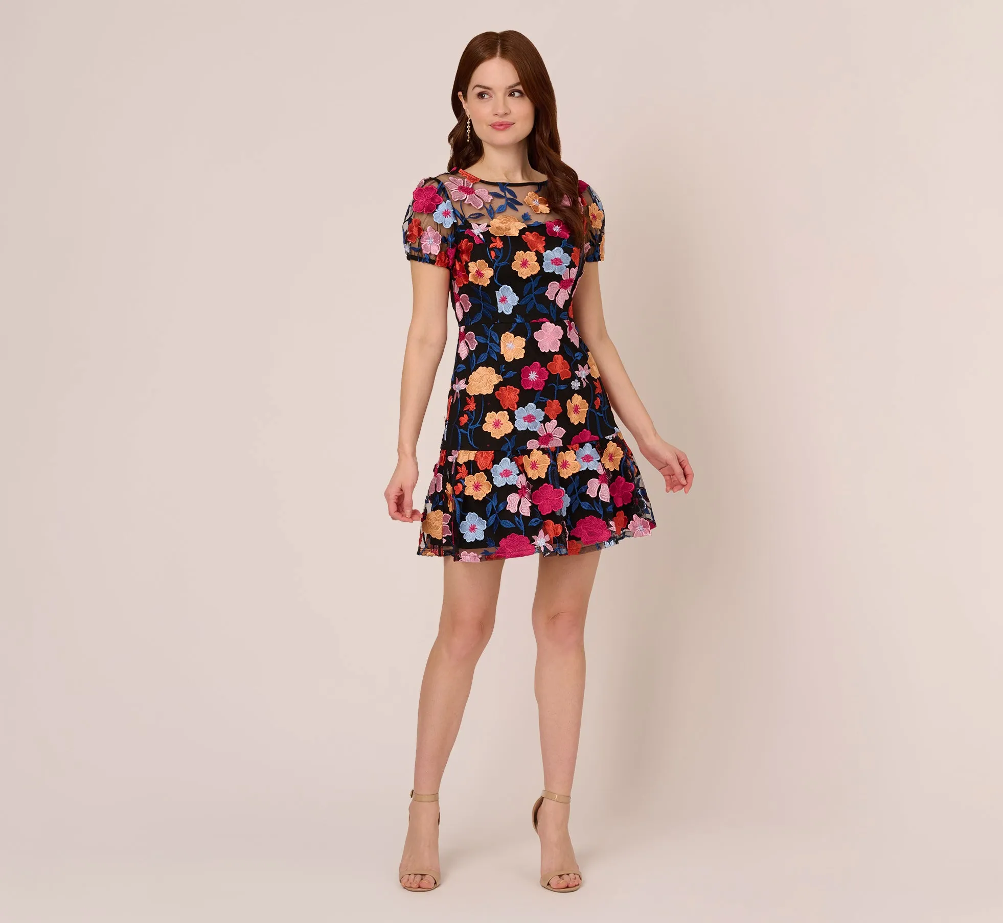 Floral Embroidered Flounce Dress With Sheer Short Sleeves In Black Multi