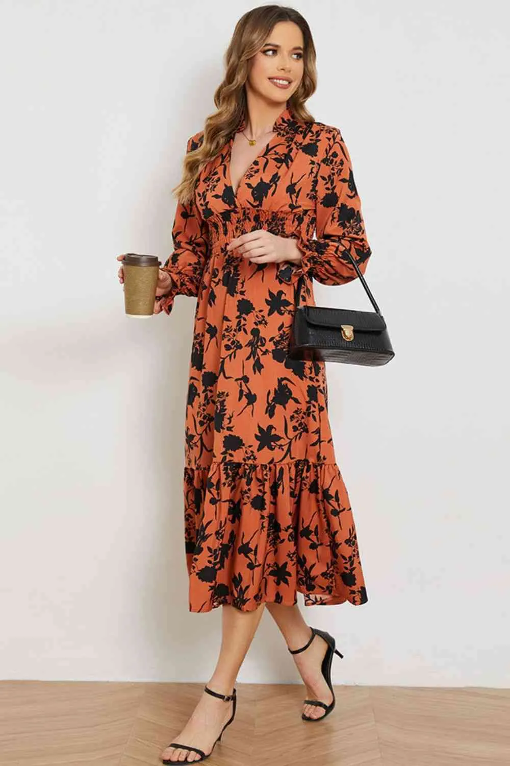 Floral Smocked Long Flounce Sleeve Dress