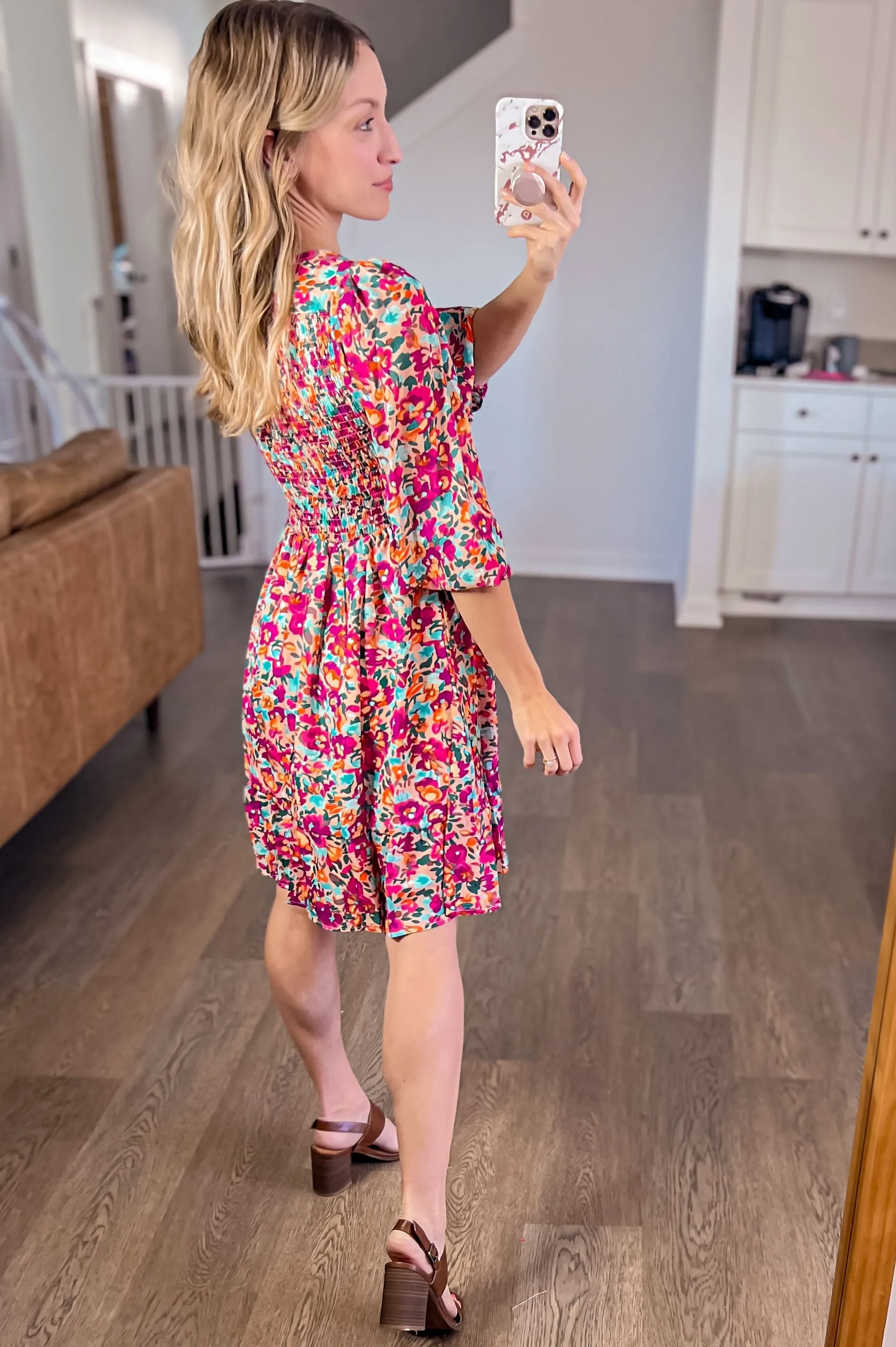 Floral Smocked V-Neck Flounce Sleeve Dress