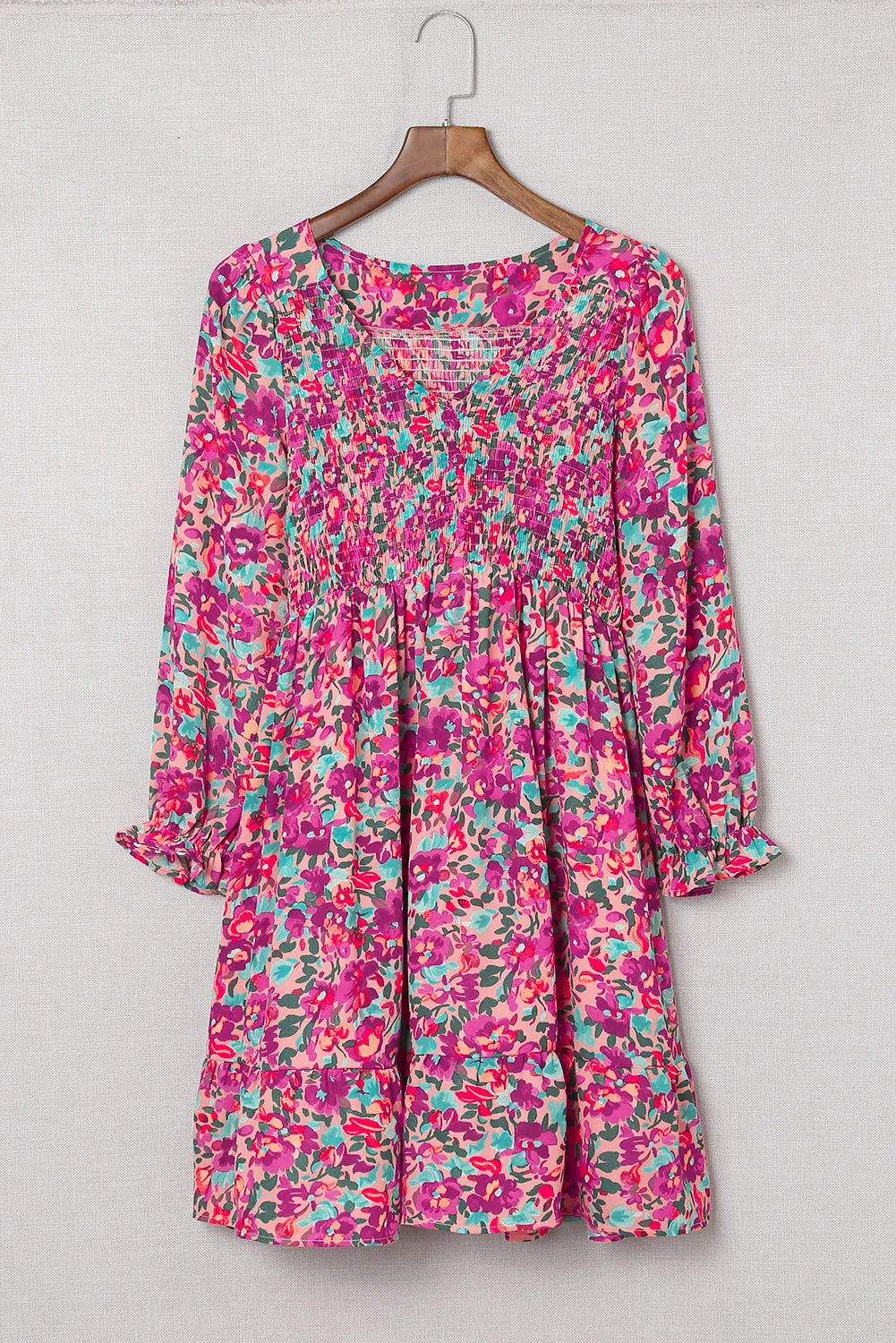 Floral Smocked V-Neck Flounce Sleeve Dress