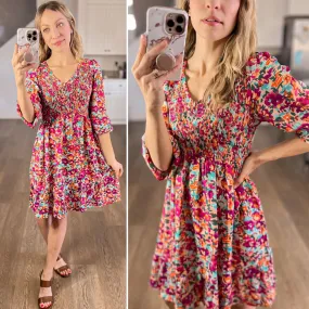 Floral Smocked V-Neck Flounce Sleeve Dress