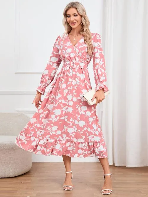 Floral Surplice Flounce Sleeve Ruffle Hem Dress