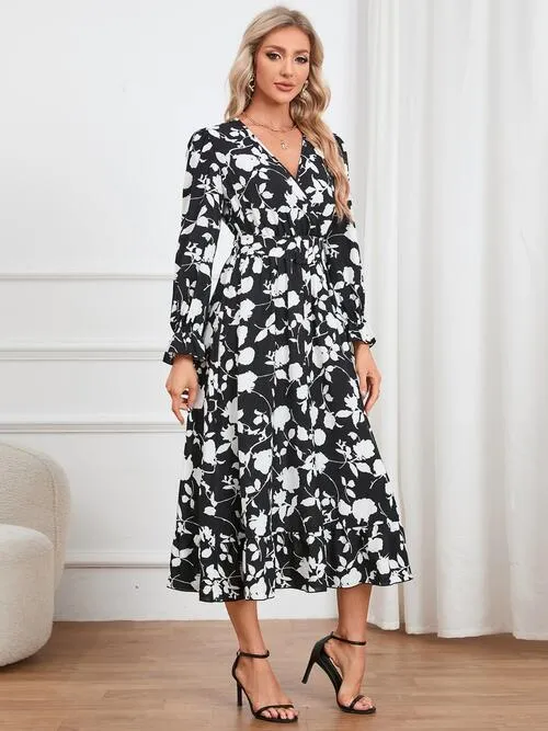 Floral Surplice Flounce Sleeve Ruffle Hem Dress