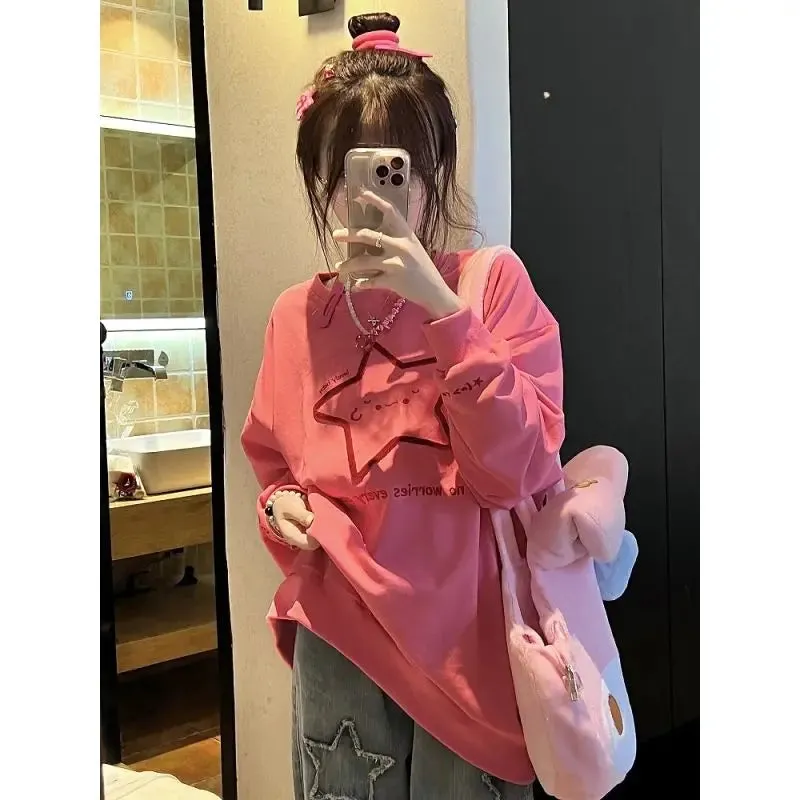 Getadme Harajuku Kawaii Star Graphic Sweatshirt Women Japanese Style Oversized Hoodies Vintage Loose Casual Y2K Tops Streetwear