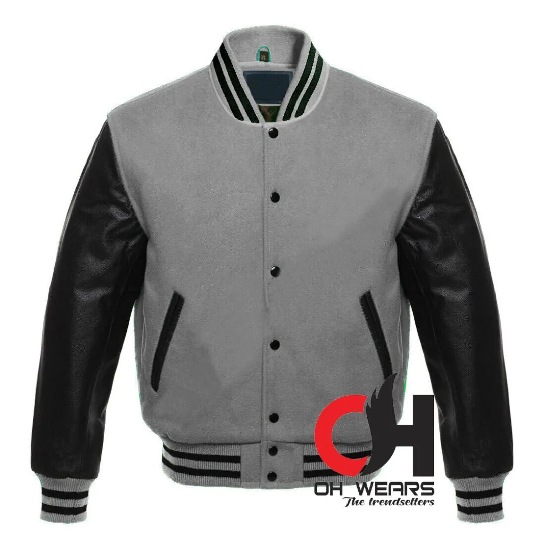 Gray Wool and Genuine Black Leather Sleeves Varsity Jacket