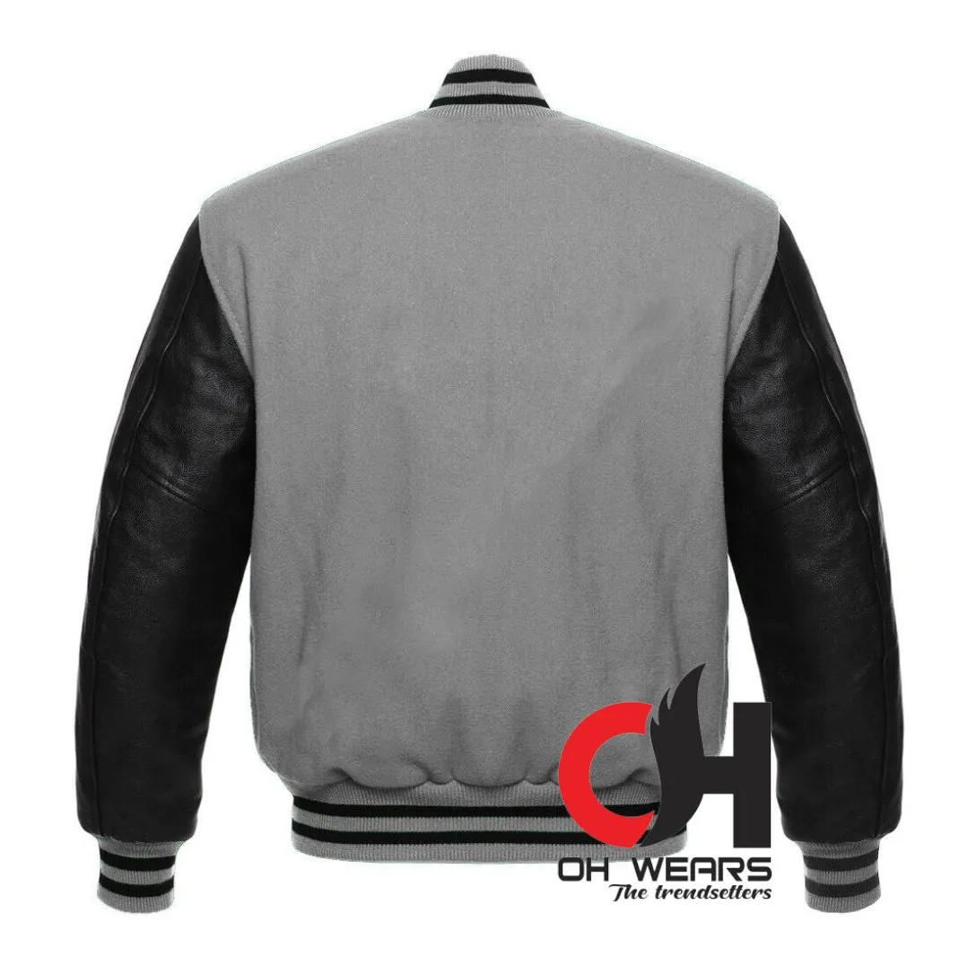 Gray Wool and Genuine Black Leather Sleeves Varsity Jacket