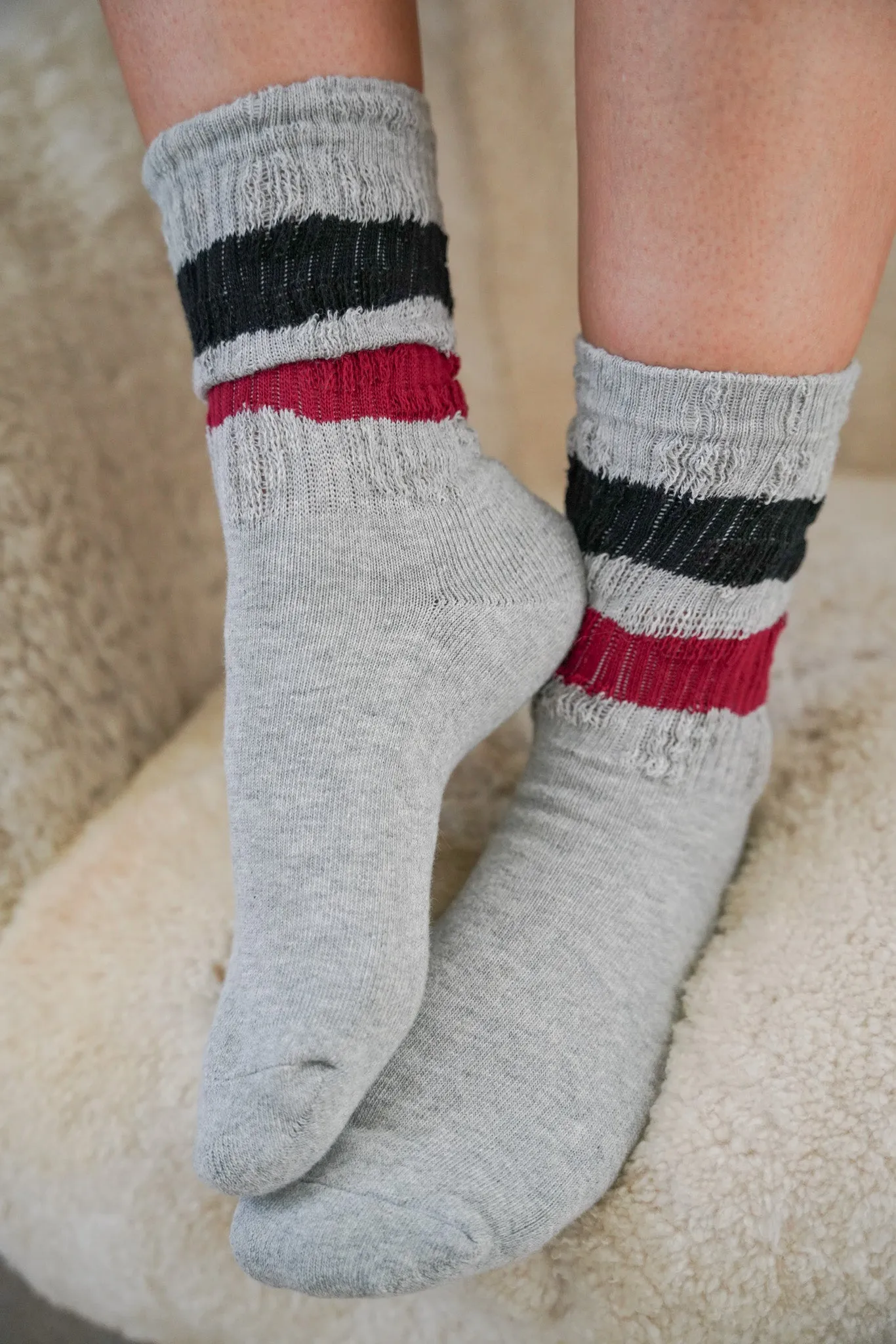 Grey, Navy & Red Stripe Vintage Socks