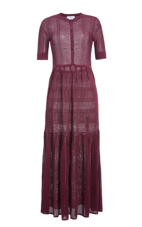 Iris Pointelle Knit Pleated Dress with Slip in Bordeaux Cotton Silk