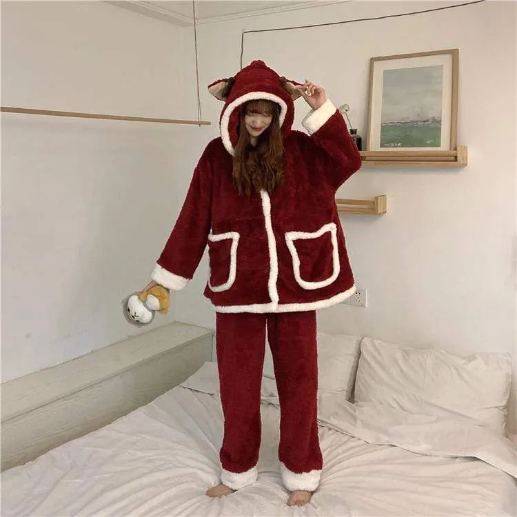 Kawaii Hooded Coral Velvet Pajamas With Pocket