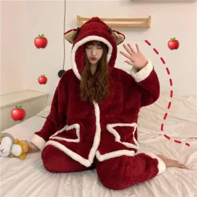 Kawaii Hooded Coral Velvet Pajamas With Pocket