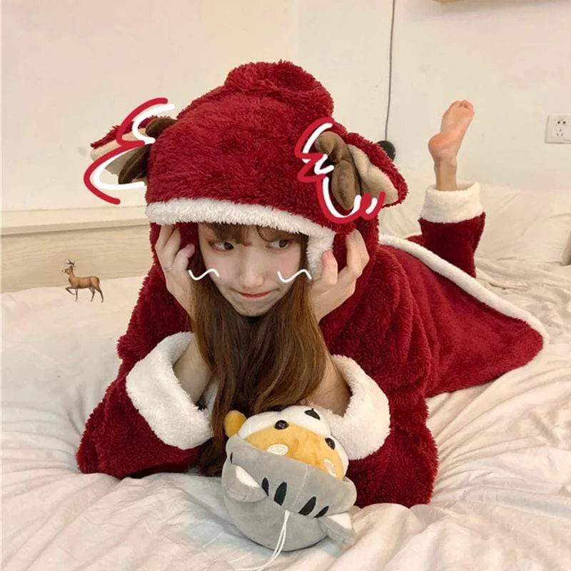 Kawaii Hooded Coral Velvet Pajamas With Pocket