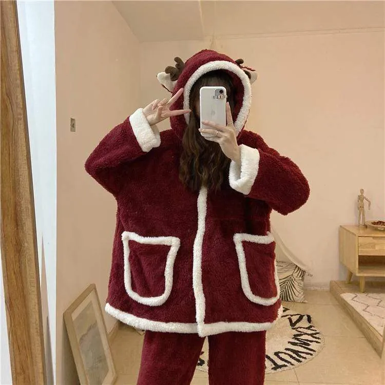 Kawaii Hooded Coral Velvet Pajamas With Pocket