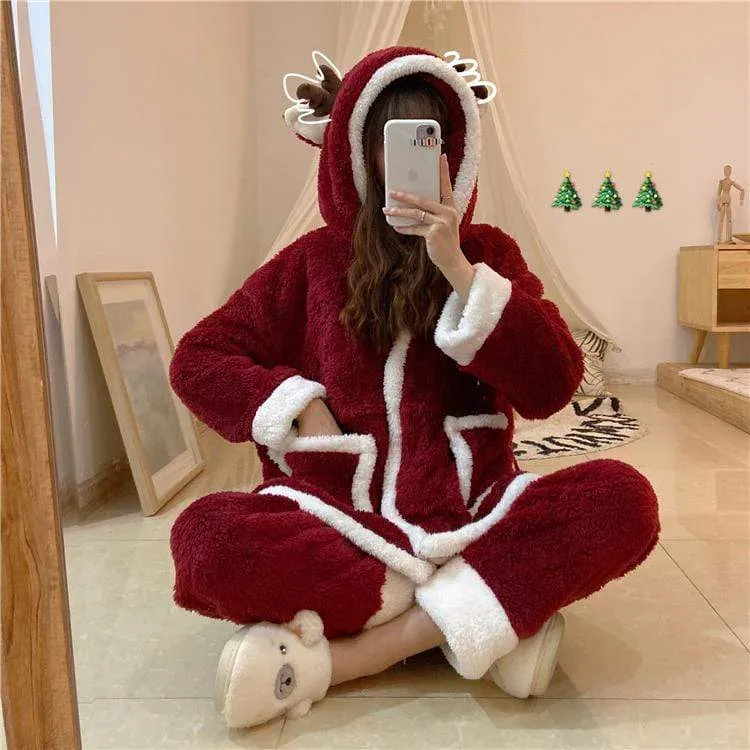 Kawaii Hooded Coral Velvet Pajamas With Pocket