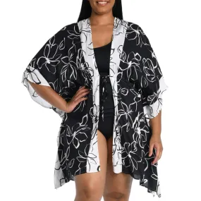 La Blanca Women's Plus Moonlit Floral Print Beach Pool Kimono Cover Up