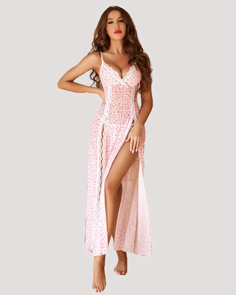 Lace Mesh V Neck Side Split Nightgowns