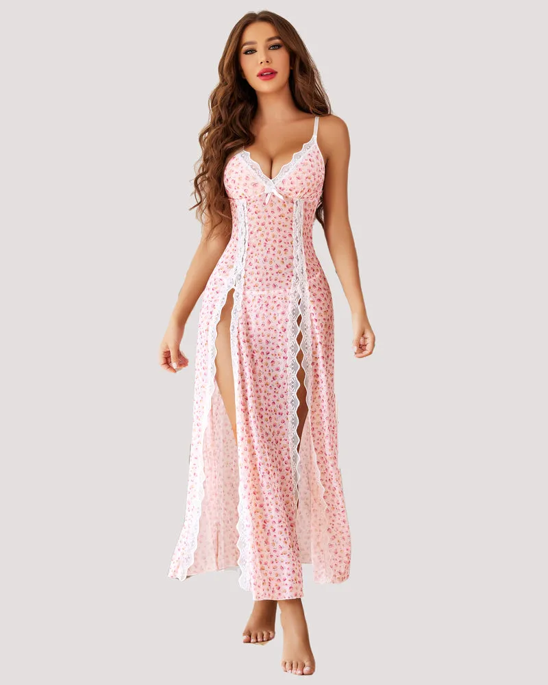 Lace Mesh V Neck Side Split Nightgowns