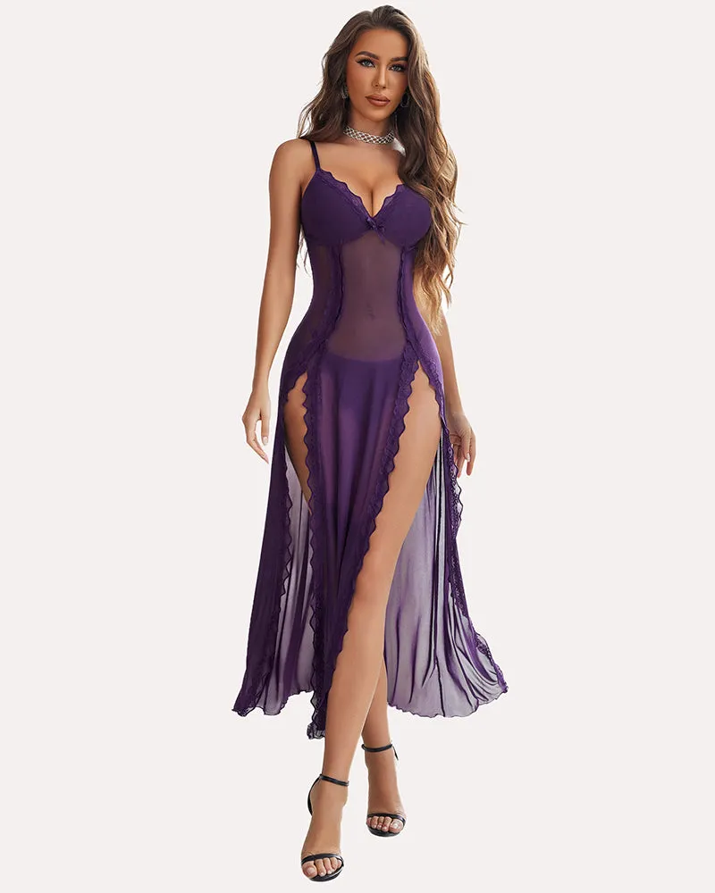 Lace Mesh V Neck Side Split Nightgowns