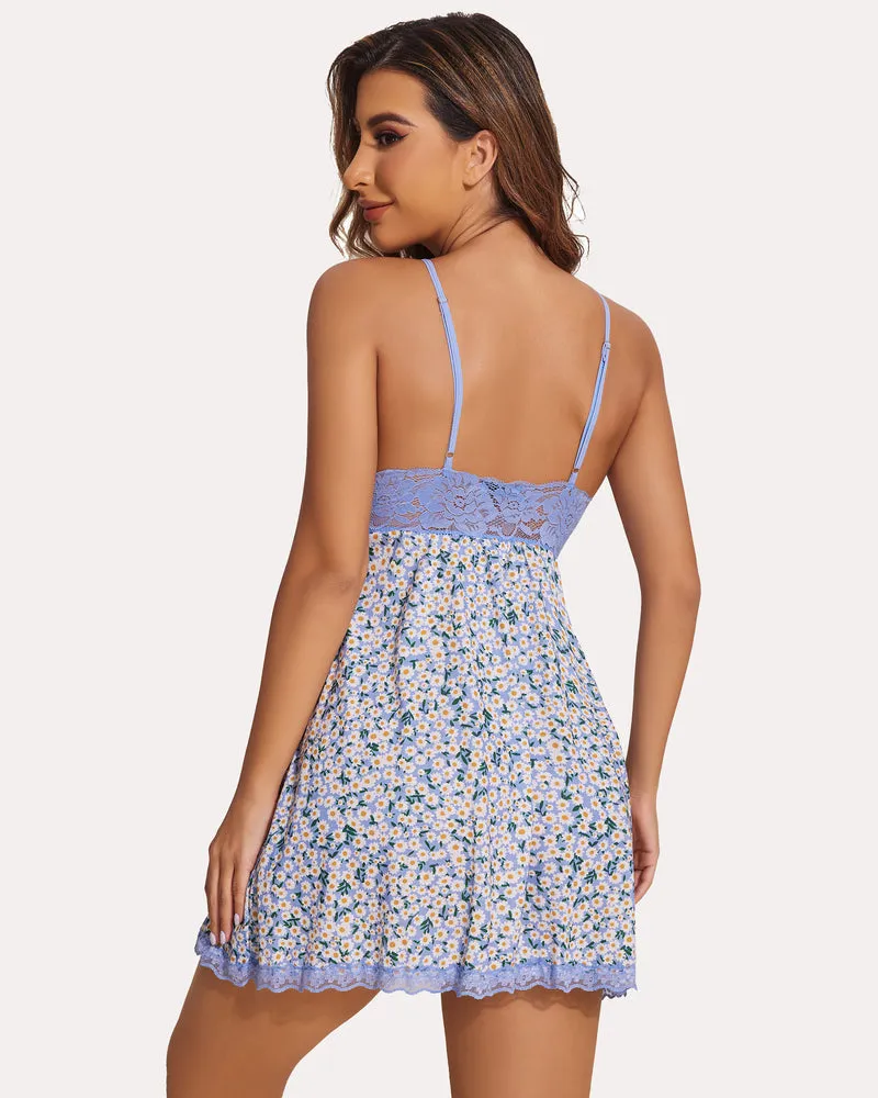 Lace Print Nightgown V-neck Modal Babydoll