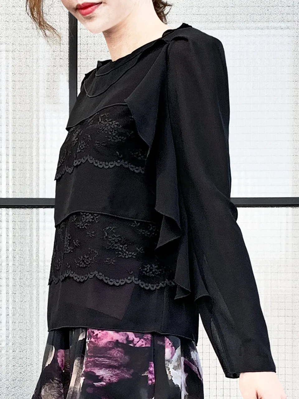 Last Chance! Black Lace Trims Tiered Ruffle Asymmetrical Sleeves Chiffon Silk Blouse