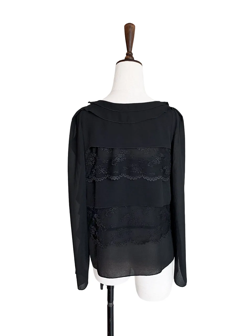 Last Chance! Black Lace Trims Tiered Ruffle Asymmetrical Sleeves Chiffon Silk Blouse