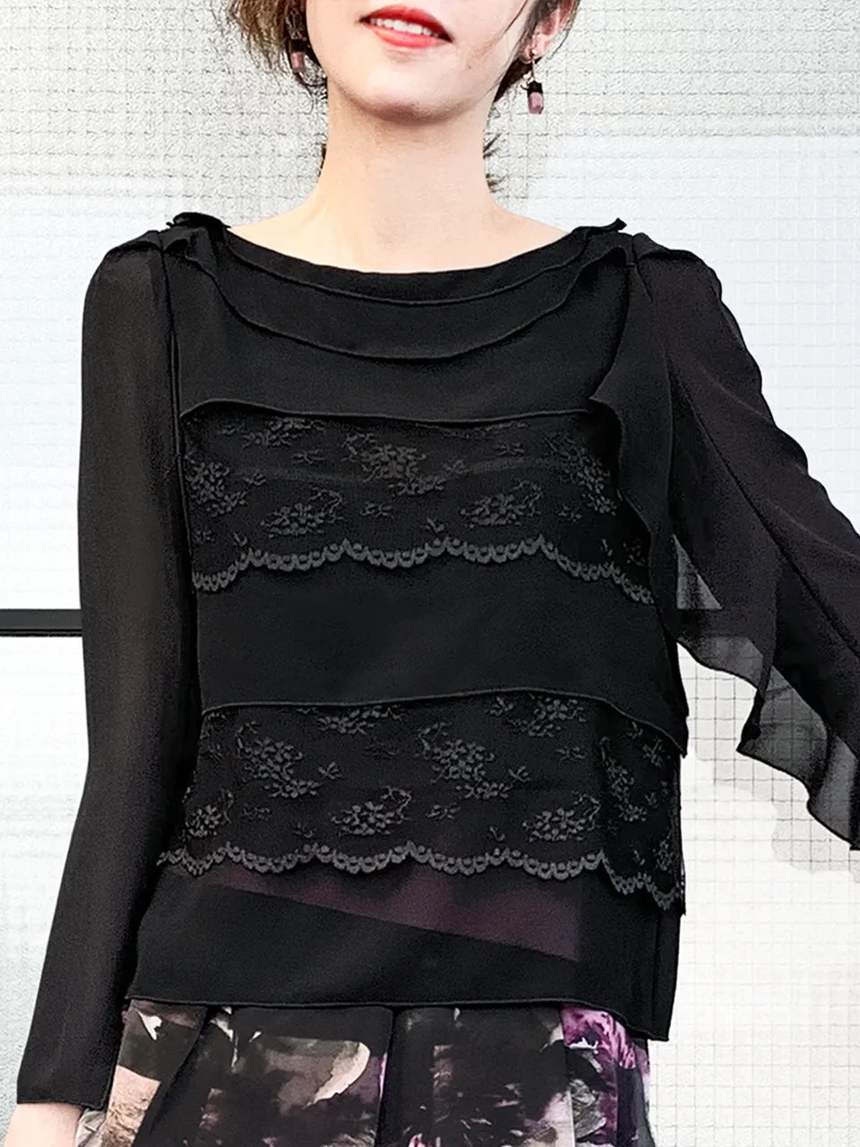 Last Chance! Black Lace Trims Tiered Ruffle Asymmetrical Sleeves Chiffon Silk Blouse