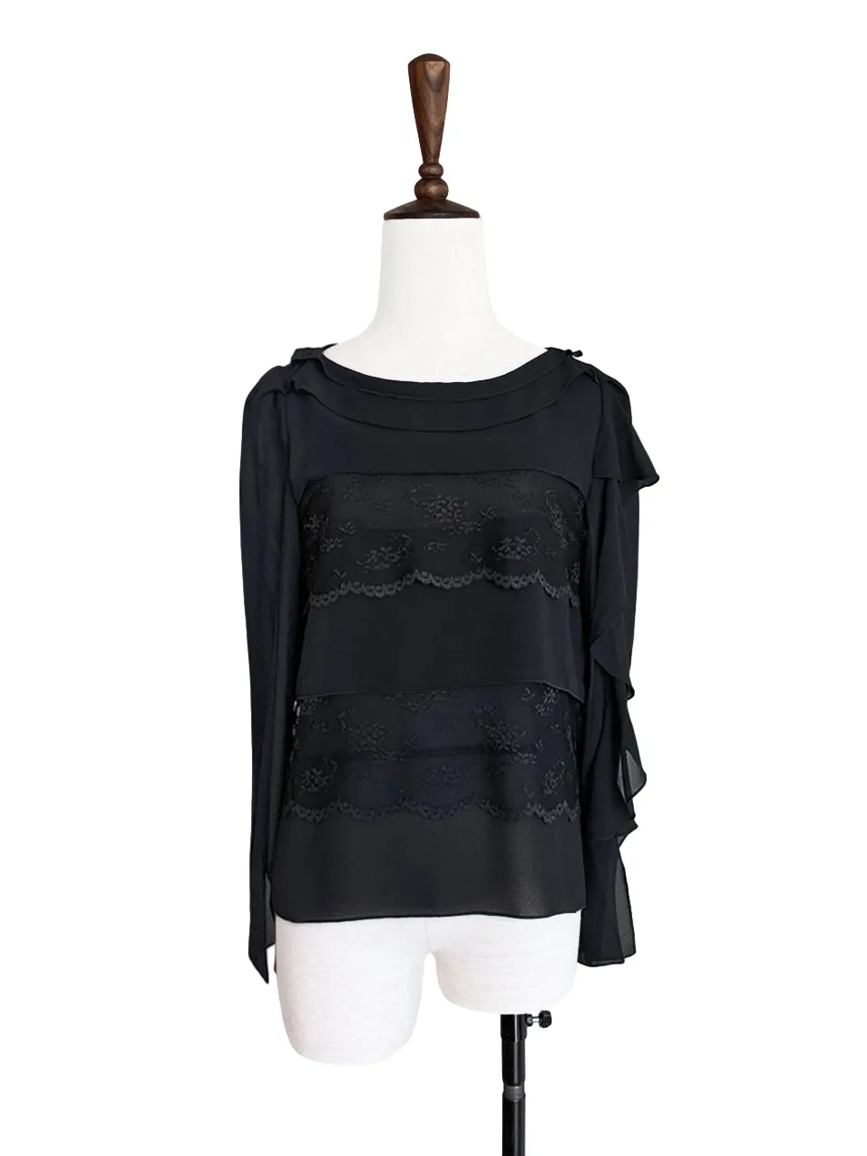 Last Chance! Black Lace Trims Tiered Ruffle Asymmetrical Sleeves Chiffon Silk Blouse