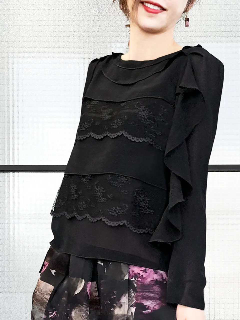 Last Chance! Black Lace Trims Tiered Ruffle Asymmetrical Sleeves Chiffon Silk Blouse